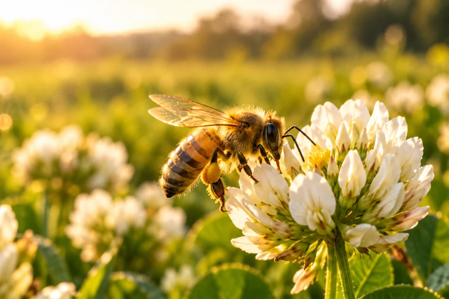 A honey bee visiting a white clover flower