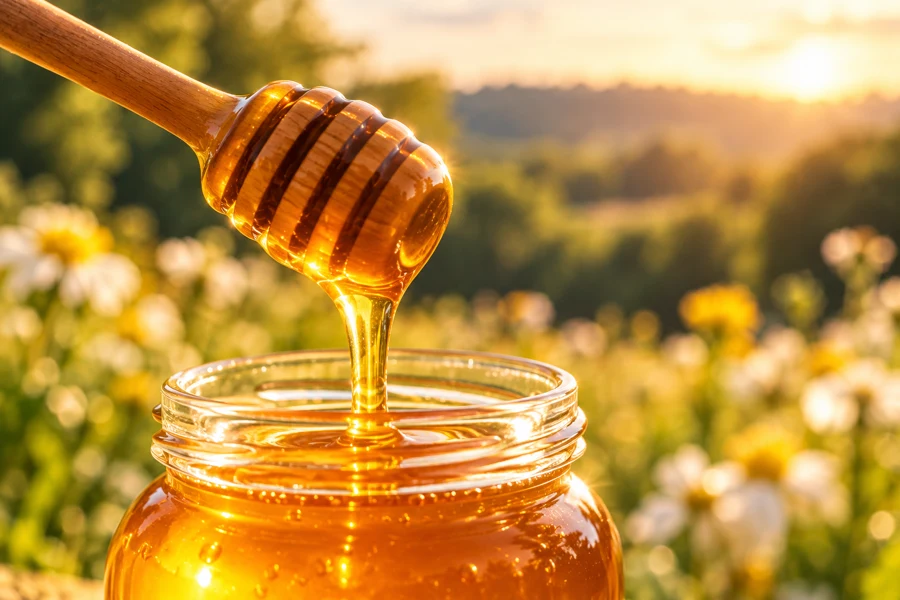 Golden honey pouring from a wooden dipper