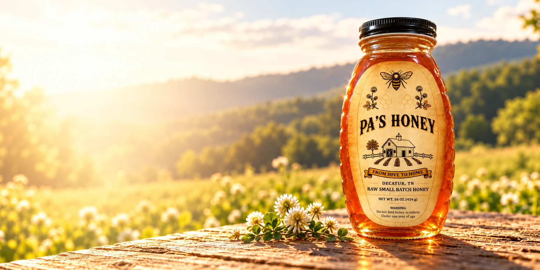 A jar of Pa’s Honey on a rustic table in a sunlit meadow